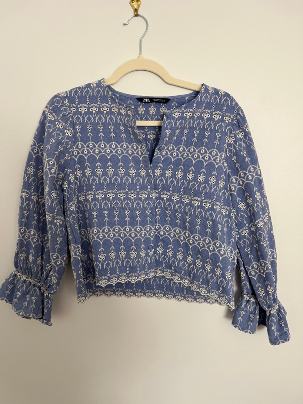 Zara Light Blue Embroidered Peasant Top